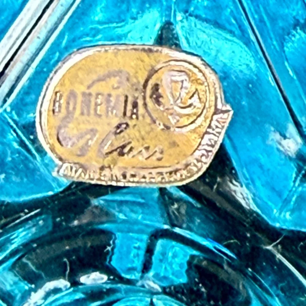 2 Blue Star of David Candleholders Vintage MCM Bohemian Glass Original Box - Picture 8 of 10